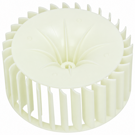 An off-white plastic fan blade or impeller component, photographed on a solid white background.