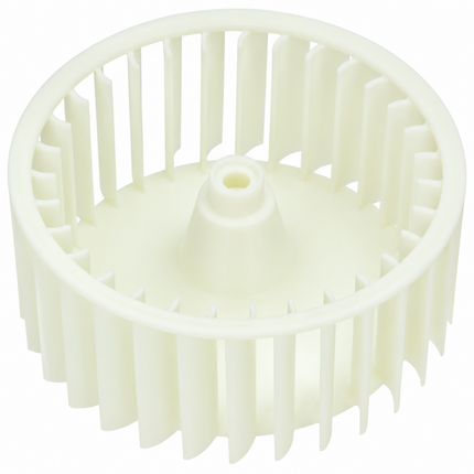 A white plastic centrifugal fan impeller, commonly used as a replacement part for blenders, coffee makers, or other household appliances.