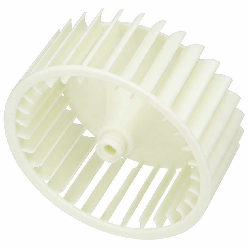 A white plastic centrifugal fan impeller wheel with radial blades, shown on a solid white background.