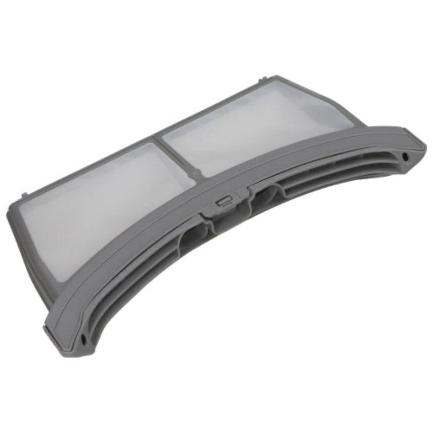 A curved gray plastic replacement filter housing with two translucent white filter cartridges inside, shown on a plain white background.
