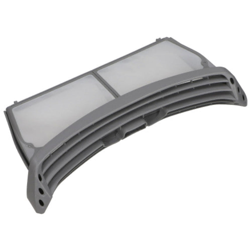 A curved gray plastic replacement filter housing with two translucent white filter cartridges inside, shown on a plain white background.