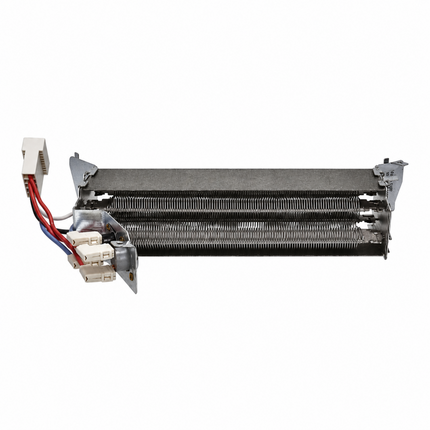 A metal heat exchanger coil assembly with a white electrical connector and red/blue wires, photographed on a plain white background.