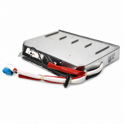 A rectangular silver metal electronic module with attached thick white, red, black, and blue wires, photographed on a plain white background.