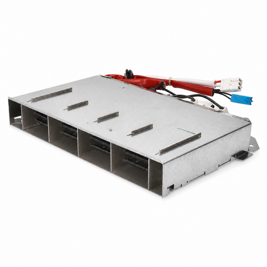 A rectangular silver metal electronic module with multiple internal cooling fins, mounting tabs, and attached red, white, and blue wires, shown on a plain white background.