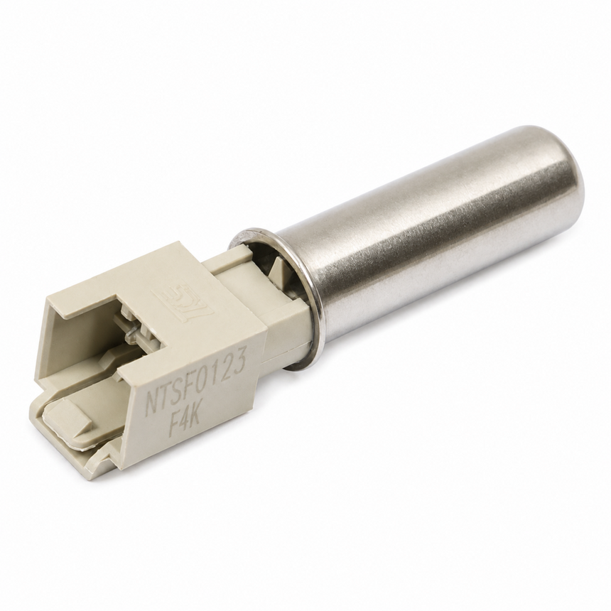 A small cylindrical metal component with a beige plastic connector housing, photographed on a plain white background. The connector has printed text reading 'NTSF0123 F4K'.