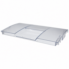 Clear plastic food pan lid with a slanted top and integrated handle, shown on a solid white background.