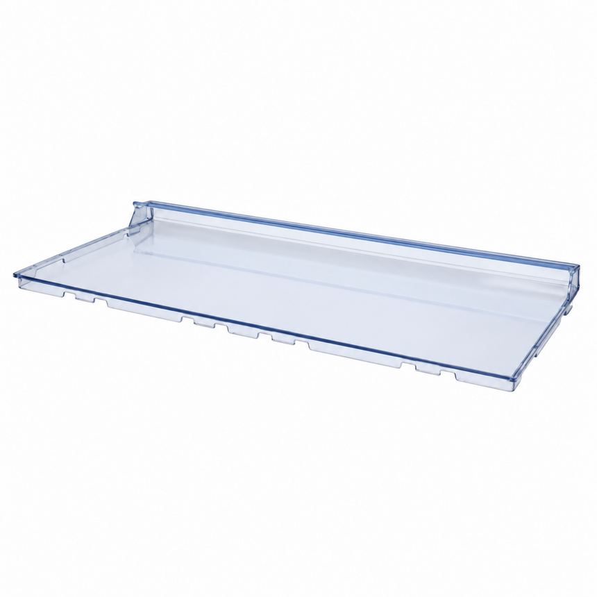 A transparent plastic shelf liner with a blue tint along the edges, shown on a plain white background.