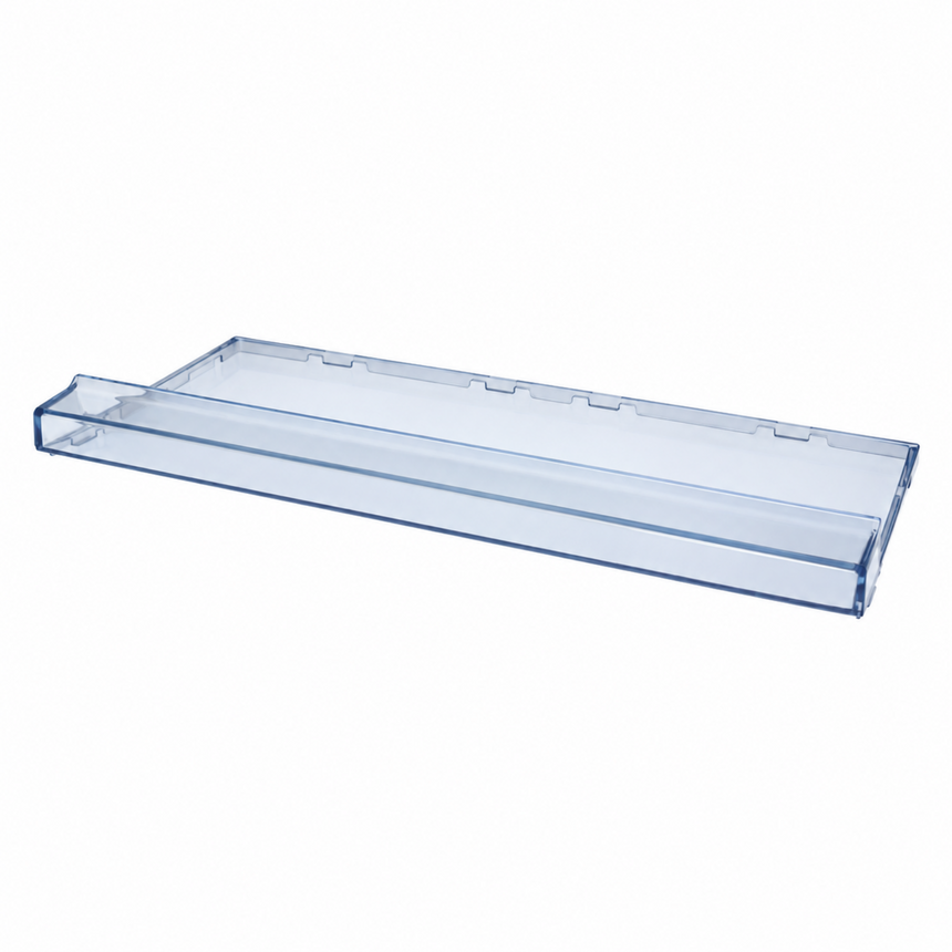A transparent blue plastic shelf insert tray, shown at an angle on a solid white background.