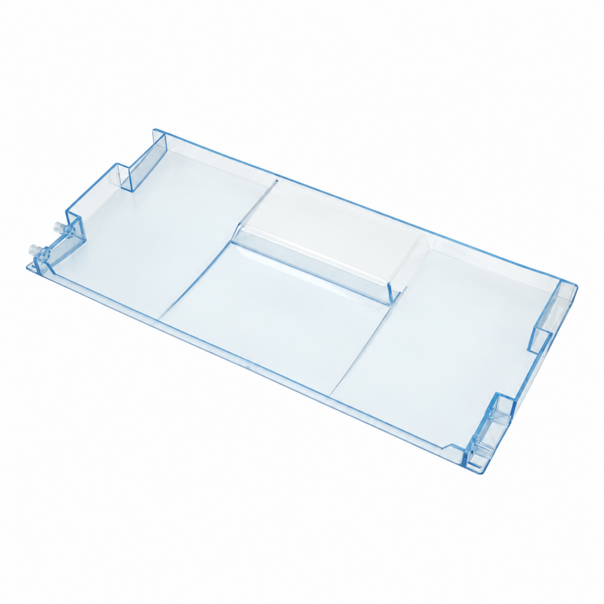 A transparent light blue plastic shelf liner with integrated side supports, shown on a solid white background.
