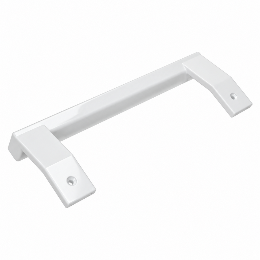 A white metal cabinet pull handle with a flat bar design and two mounting brackets, shown on a plain white background.