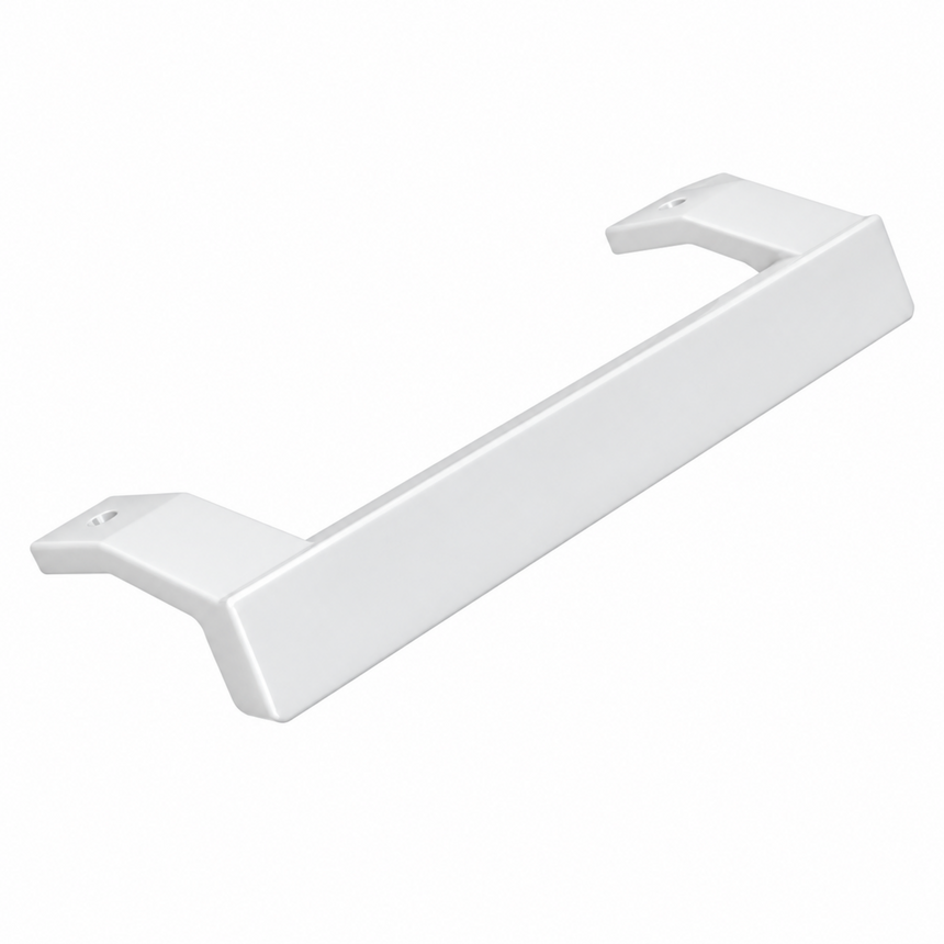 A white metal cabinet pull handle with a modern rectangular bar design and angled mounting brackets on each end, shown on a plain white background.