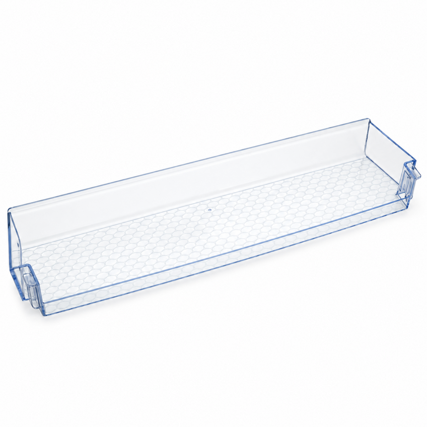 A long, narrow clear plastic shelf bin with a honeycomb-patterned bottom and transparent blue-edged sides, shown on a plain white background.