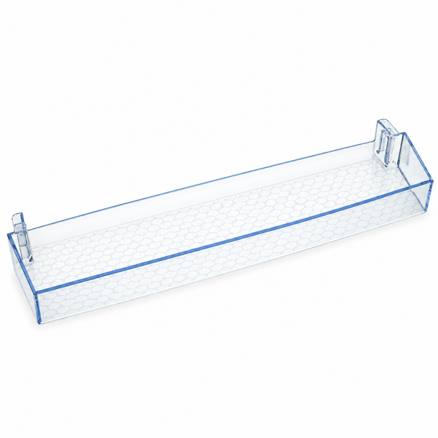 A clear plastic shelf with a blue edge trim and a honeycomb pattern on the bottom, shown on a white background.