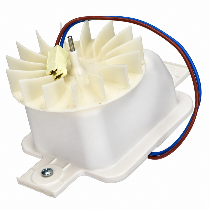 White plastic electric fan motor assembly with a multi-blade impeller, a small yellow plastic component, and wires in blue and brown, isolated on a white background.