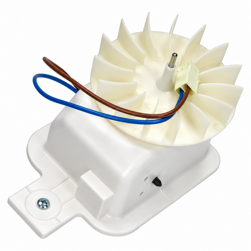 A white plastic blower fan motor assembly with a multi-blade fan, featuring a white housing, a blue wire, a brown wire, and a small yellow connector, shown on a solid white background.