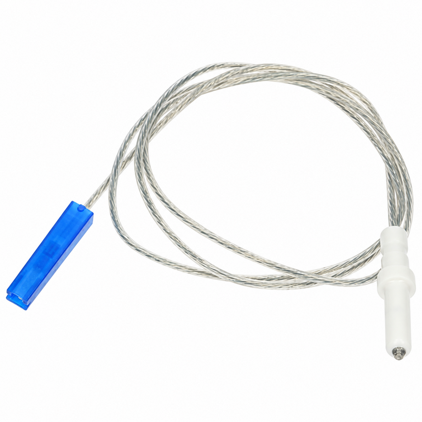 A coiled stainless steel cable sensor with a translucent blue rectangular connector on one end and a white cylindrical connector on the other, shown on a plain white background.