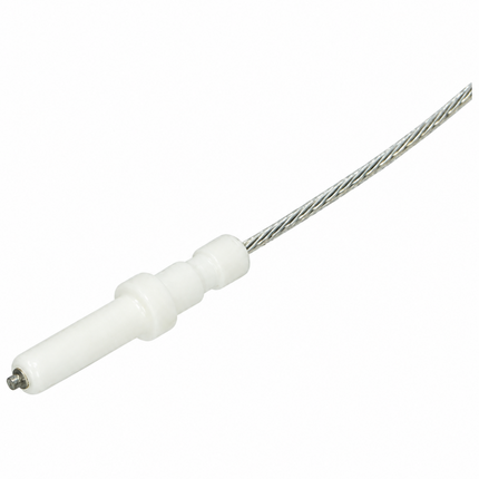 A white plastic cable gland or connector sleeve with a twisted steel cable extending from one end, shown on a plain white background.