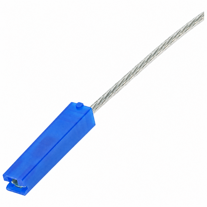 A blue plastic sleeve with a twisted steel cable extending from one end, shown on a plain white background.