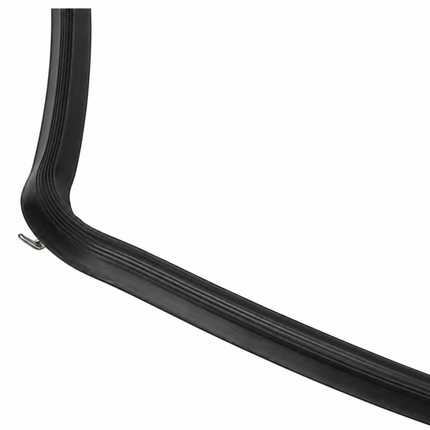 A black rubber weatherstrip or gasket with a ribbed channel and a small metal hook at one end, shown on a plain white background.