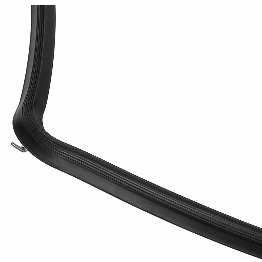 A black rubber weatherstrip or gasket with a ribbed channel and a small metal hook at one end, shown on a plain white background.