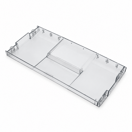 Clear acrylic shelf organizer tray with multiple compartments, shown on a plain white background.