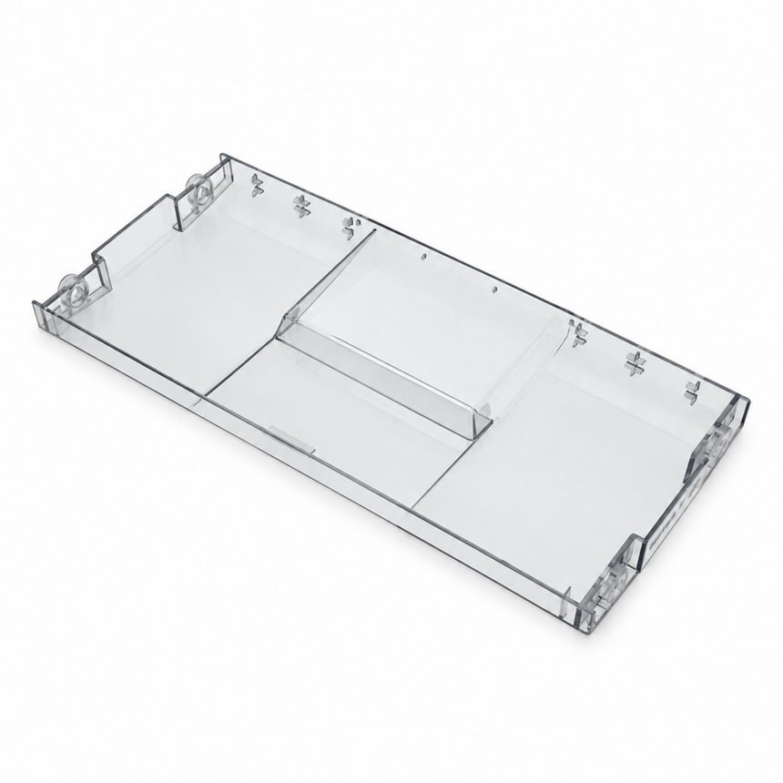 Clear acrylic shelf organizer tray with multiple compartments, shown on a plain white background.
