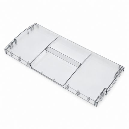 A clear acrylic or plastic organizer tray with multiple rectangular compartments, shown at an angle on a plain white background.