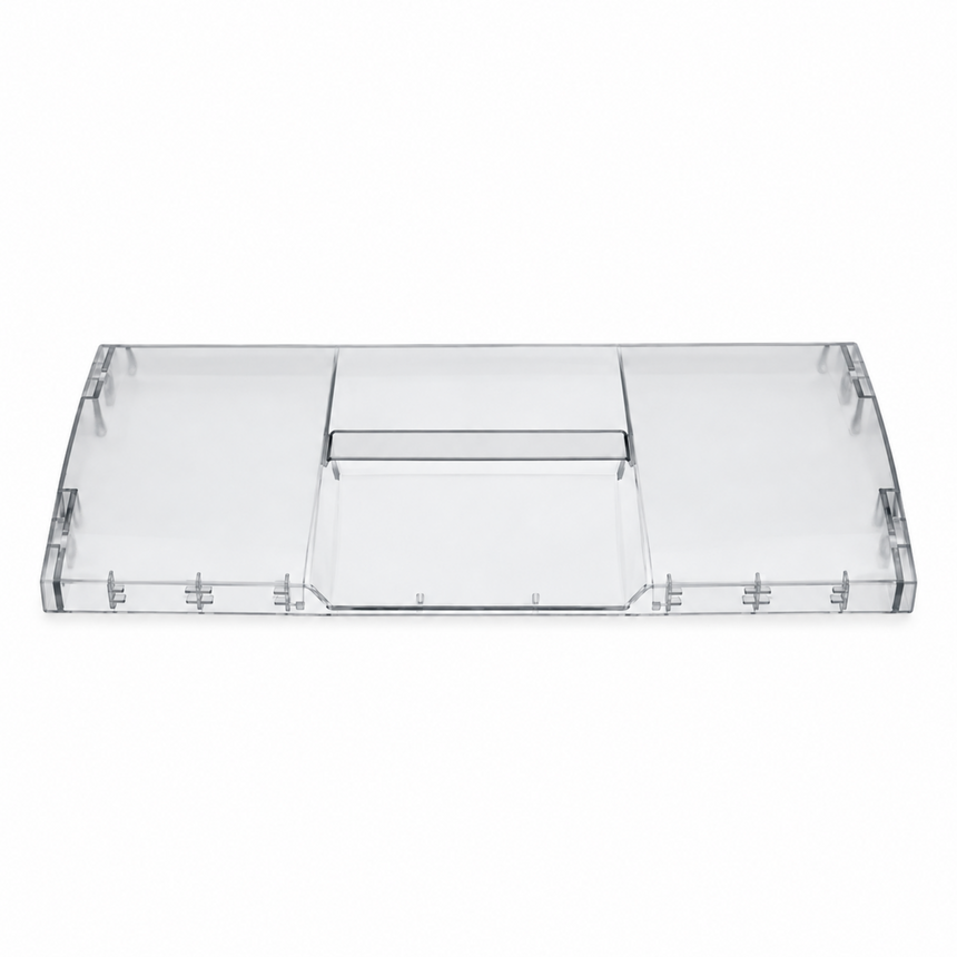 Clear acrylic organizer tray with a rectangular shape, featuring a central divider and four corner supports, shown on a plain white background.