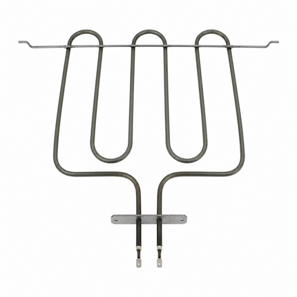 A metal electric oven heating element coil with a flat mounting bracket and two terminal leads, shown against a plain white background.