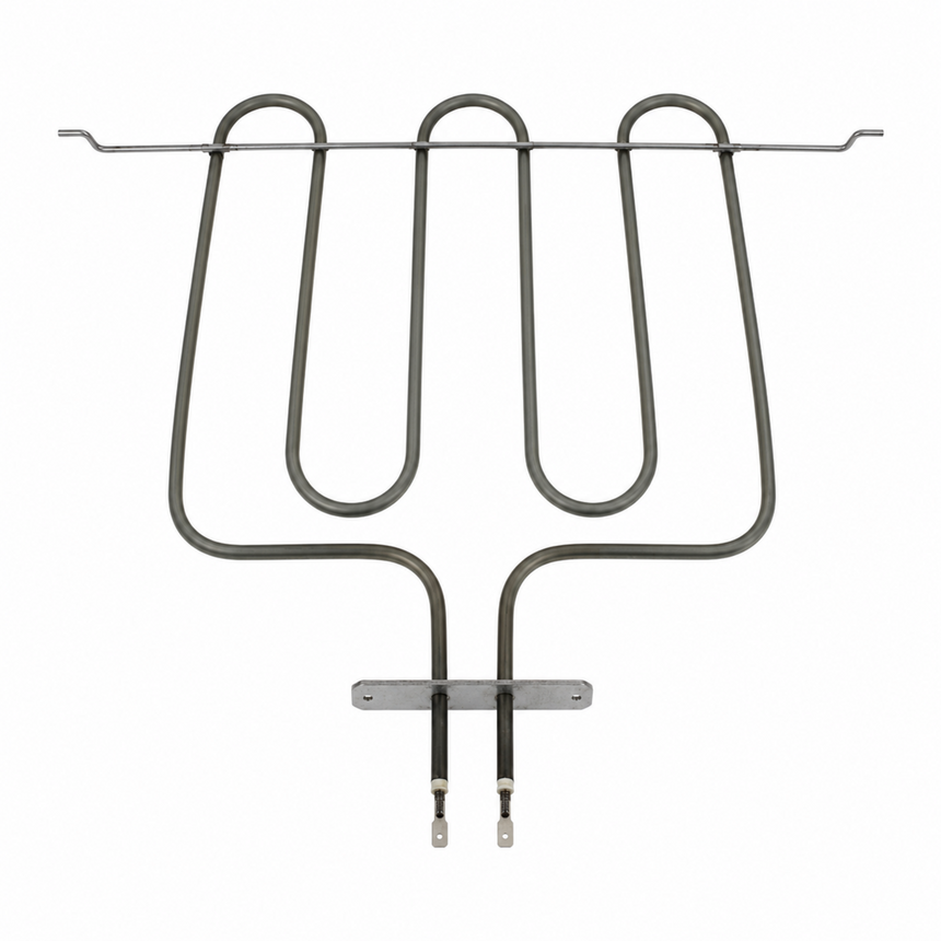 A metal electric oven heating element coil with a flat mounting bracket and two terminal leads, shown against a plain white background.