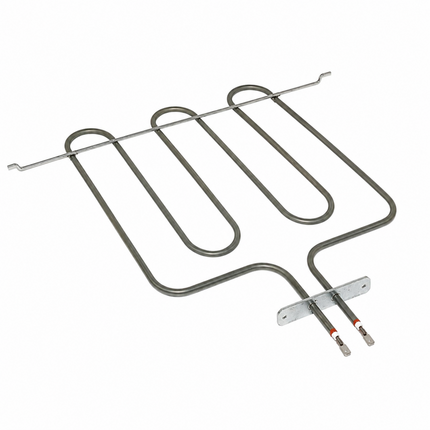 A stainless steel electric oven heating element coil with two wire leads, shown on a plain white background.