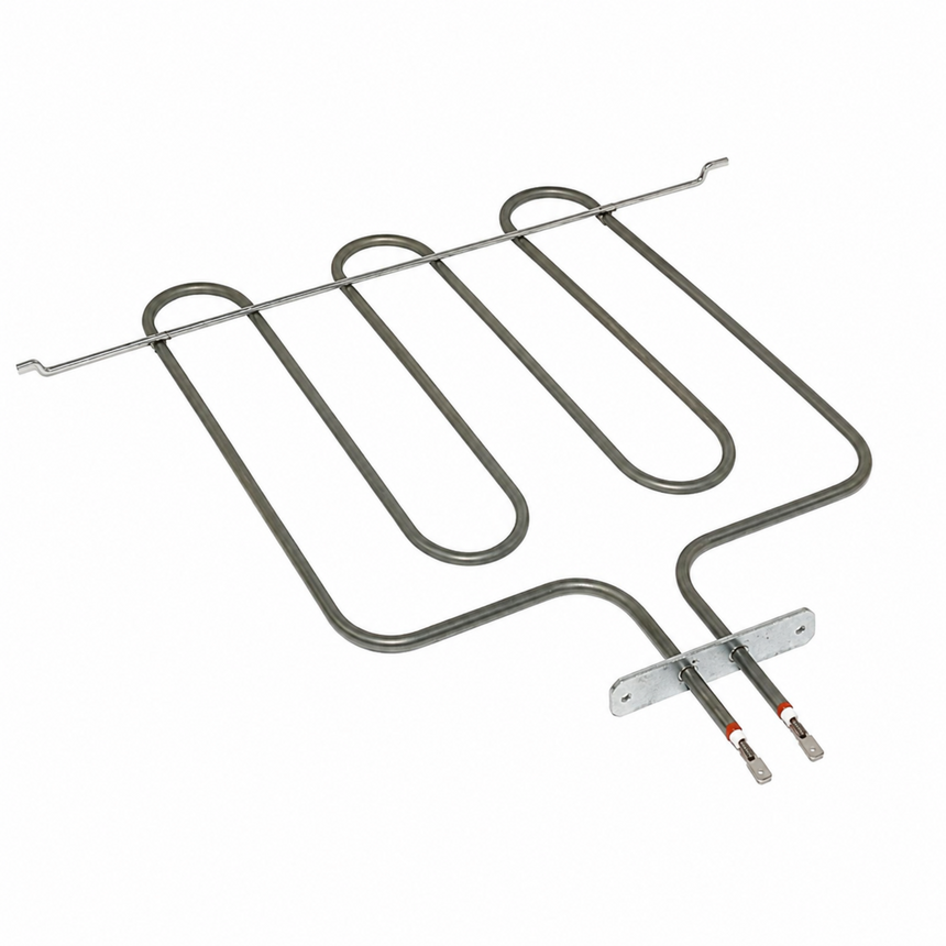 A stainless steel electric oven heating element coil with two wire leads, shown on a plain white background.