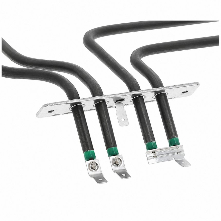 Set of black heating elements with green ends on a white background