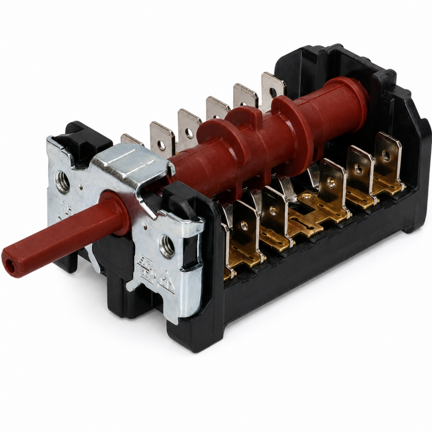 A miniature electrical switch component with a black plastic housing, silver metal lever, and red plastic handles, shown on a white background.