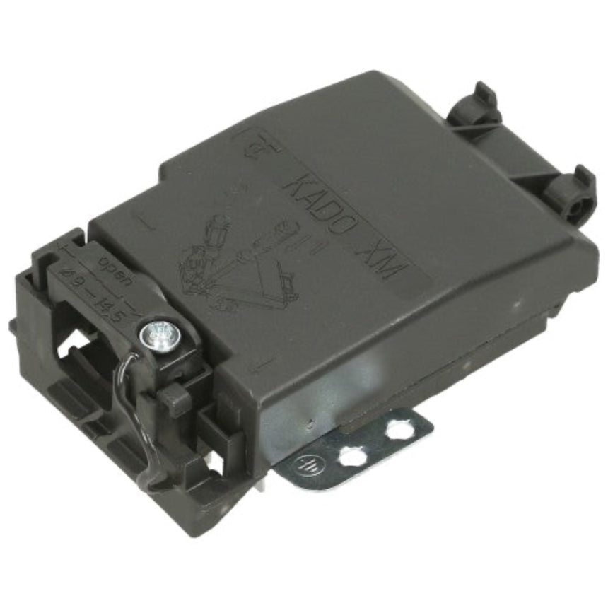 A dark gray automotive electronic module with molded plastic housing, featuring embossed text reading 'KADO XM' and a metal mounting bracket, shown on a plain white background.