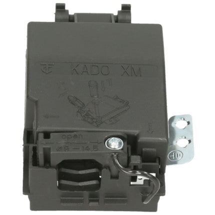 A dark gray plastic automotive electrical relay component with molded embossed markings including 'KADO XM' and 'open', shown on a plain white background.