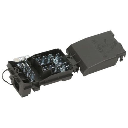 A black plastic automotive fuse holder with its lid open, showing multiple metal fuse slots and a small attached wire, photographed on a plain white background.