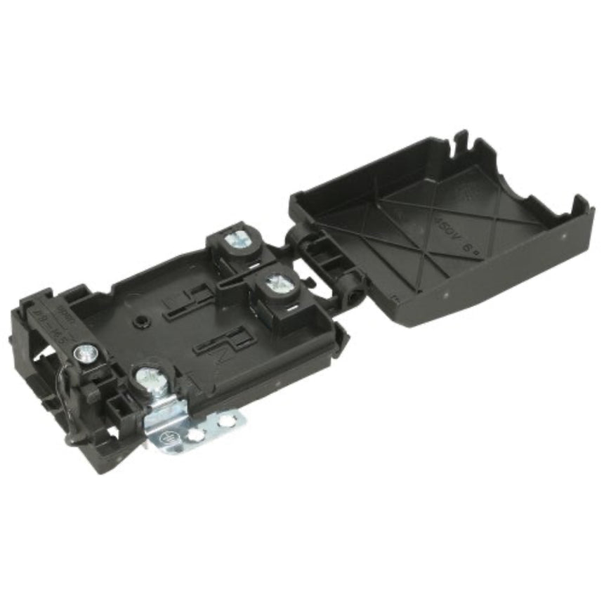 A black plastic automotive door panel trim assembly with a hinge cover, mounting hardware, and silver screws, shown against a plain white background.