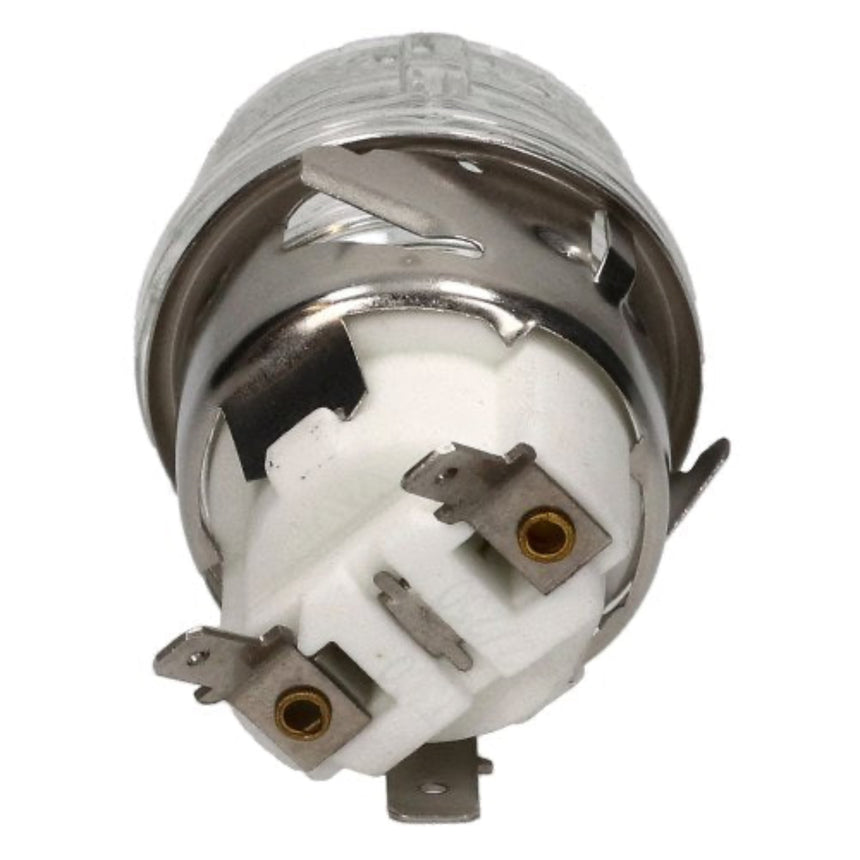 A metal and white electrical terminal component with multiple screw contacts, isolated on a white background.