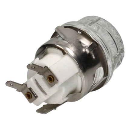 A small automotive or marine light bulb with a clear glass envelope, a silver metal collar, a white plastic base, and two flat metal terminal leads on a plain white background.