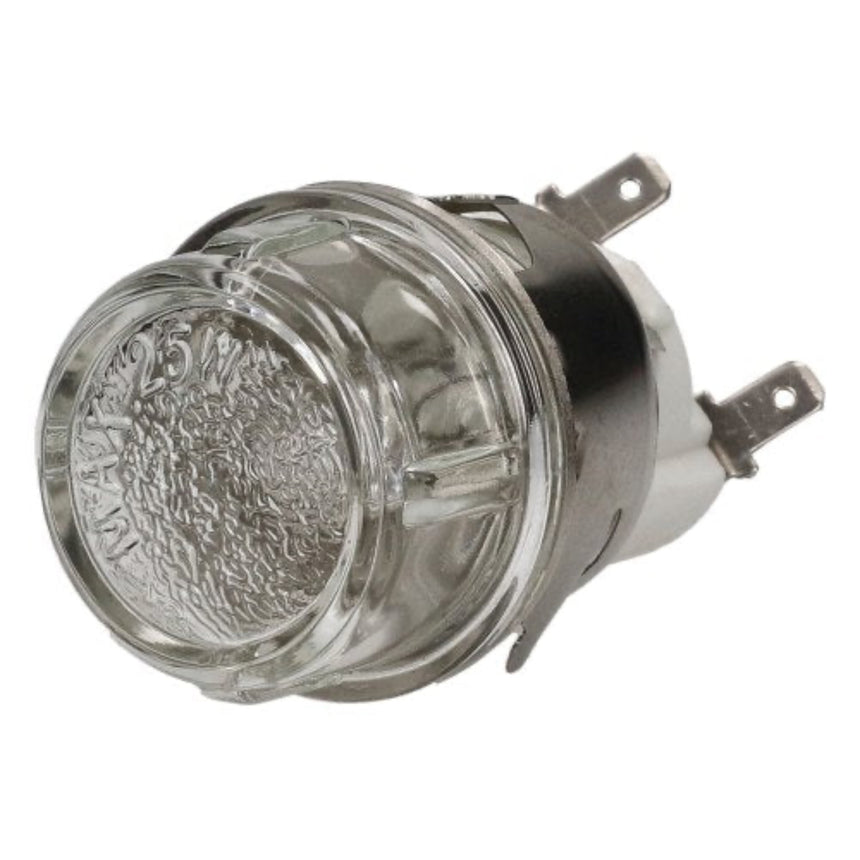 A clear glass automotive marker light with a textured lens and a silver metal base with two terminal pins, shown on a white background.