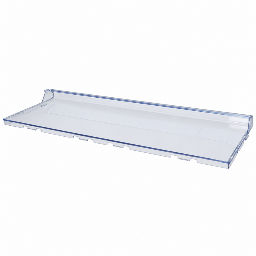 A clear plastic shelf liner or insert tray with a raised lip, shown at an angle on a solid white background.