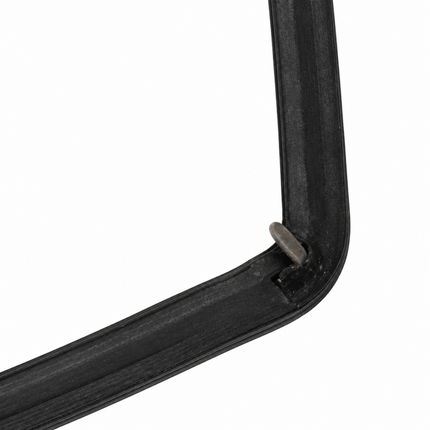 Close-up of a black rubber weatherstripping seal with a metal spring clip at the corner, shown on a plain white background.