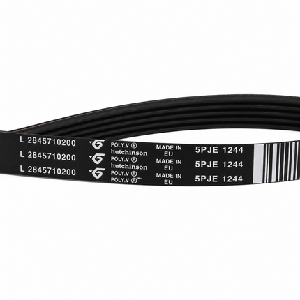 A black polyurethane drive belt with white printed specifications and branding, shown coiled on a plain white background.