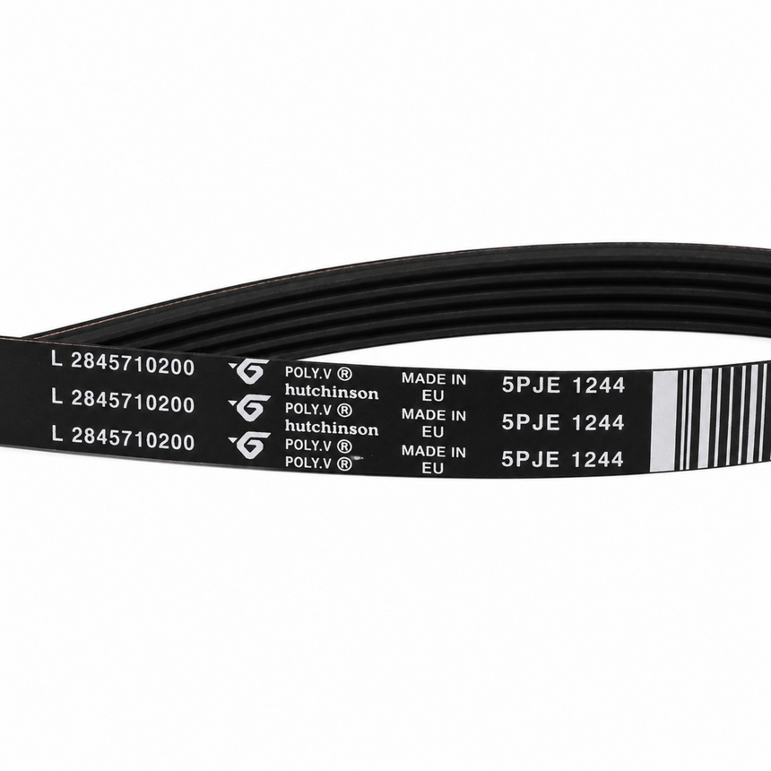 A black polyurethane drive belt with white printed specifications and branding, shown coiled on a plain white background.