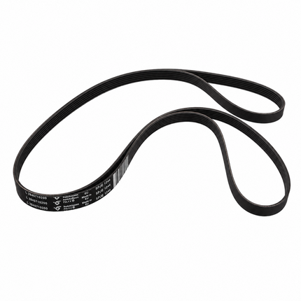 A black rubber V-belt with white printed specifications and branding, shown on a plain white background.
