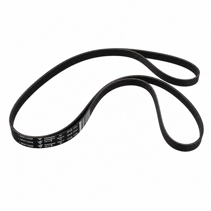 A black rubber V-belt with white printed specifications and branding, shown on a plain white background.