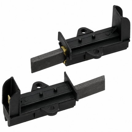 Pair of washing machine motor carbon brushes with black plastic holders and graphite brush contacts on white background
