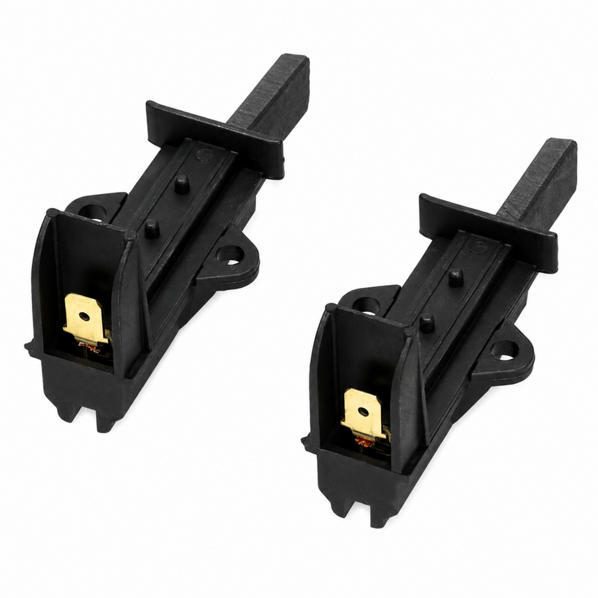 Washing machine carbon brush set showing black plastic holders, graphite rods and brass electrical connectors