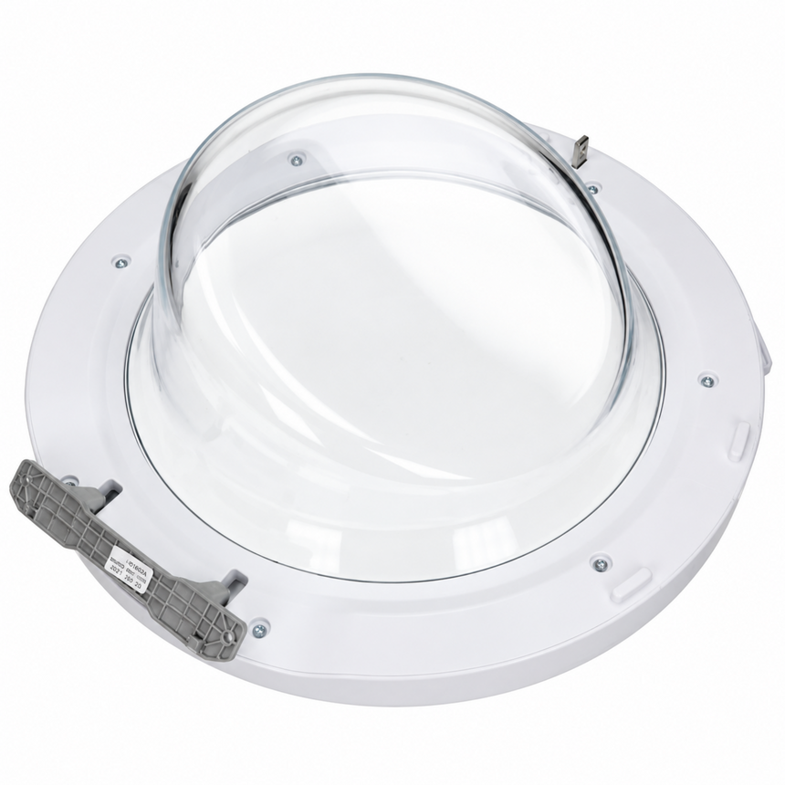 A circular clear acrylic or polycarbonate dome window cover mounted on a white circular frame, shown on a plain white background.